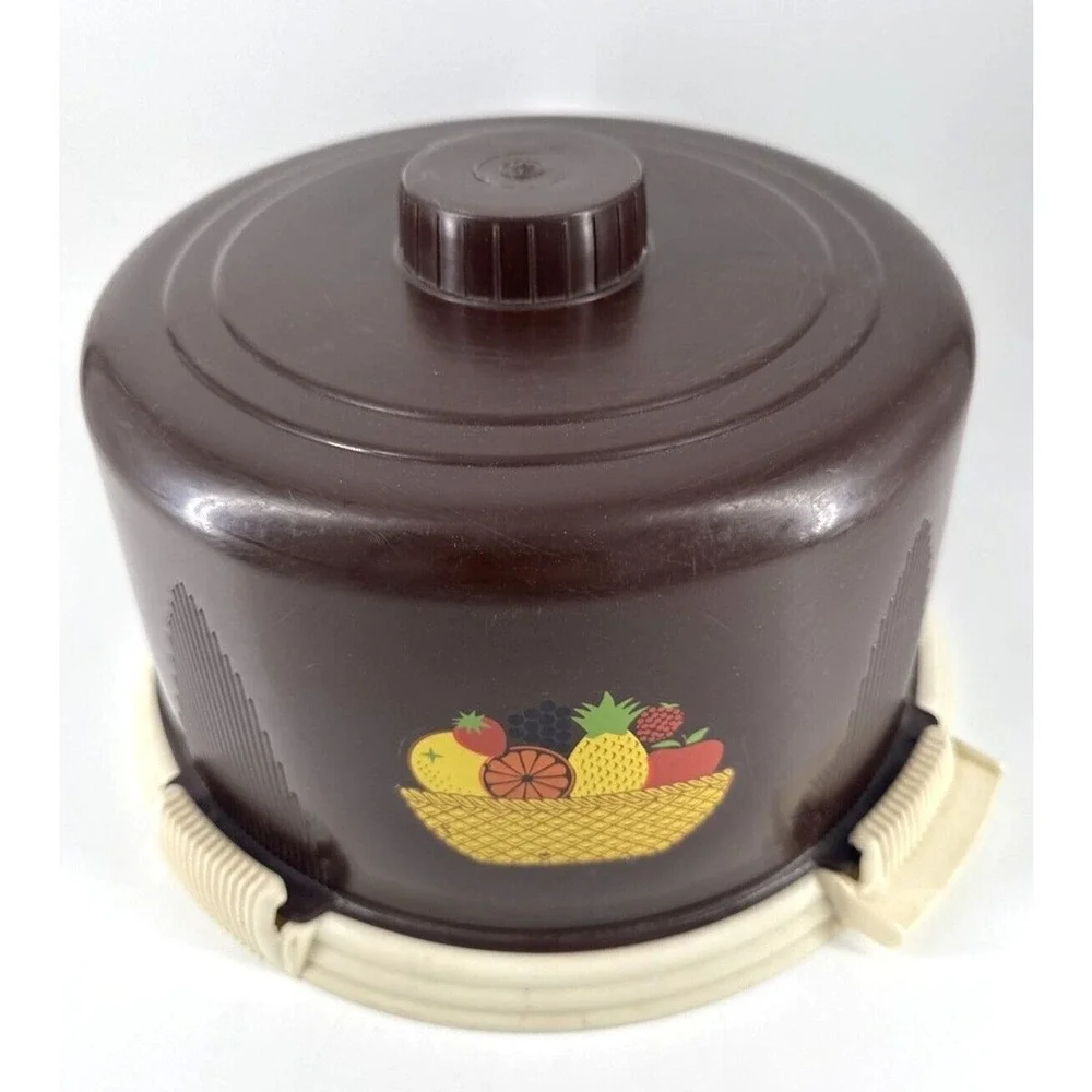 Locking Cake Cover Carrier‎ Lock Lift Brown Plastic w/Fruit Design Retro Vintage